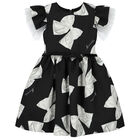Girls Black Satin Bow Dress, 2, hi-res
